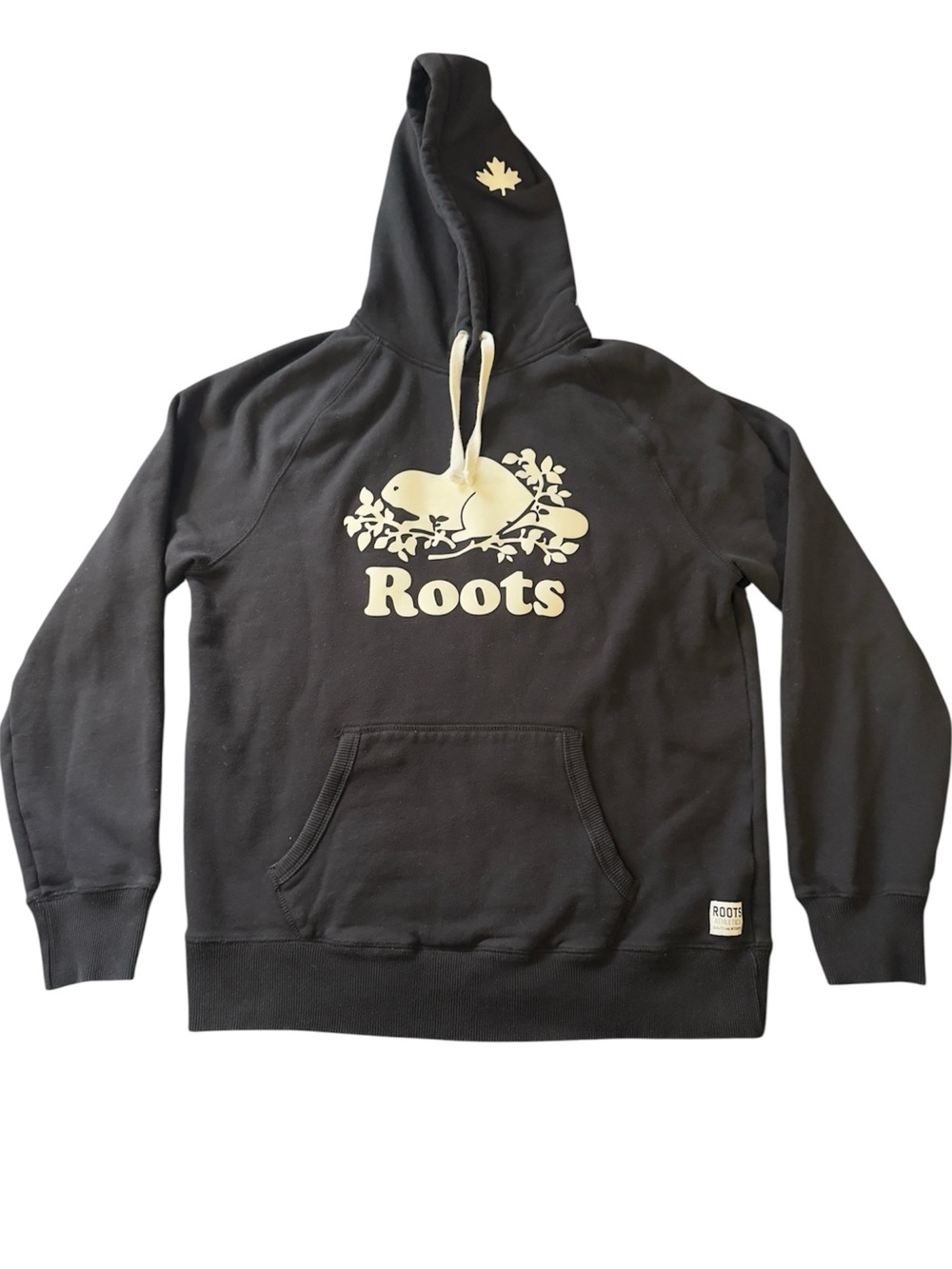 Roots Black Hoodie with Cream Logo and Drawstrings